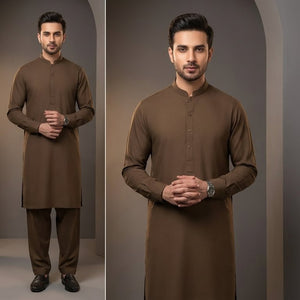 Man wearing a brown traditional outfit in multiple poses against a neutral background