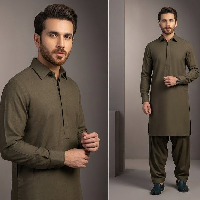 Man wearing a green traditional outfit with close-up details on a gray background