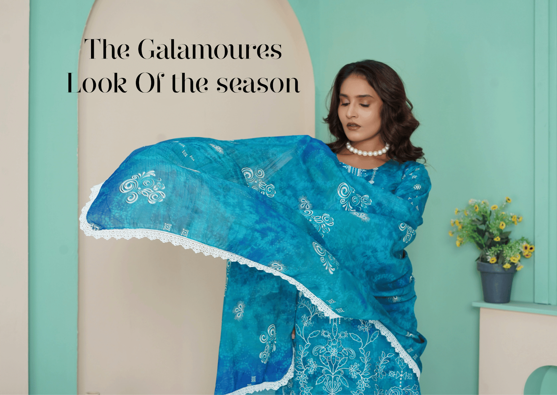 Teal Blue Embroidered Doria Viscose 3-Piece Suit | Diamond Slub Dupatta