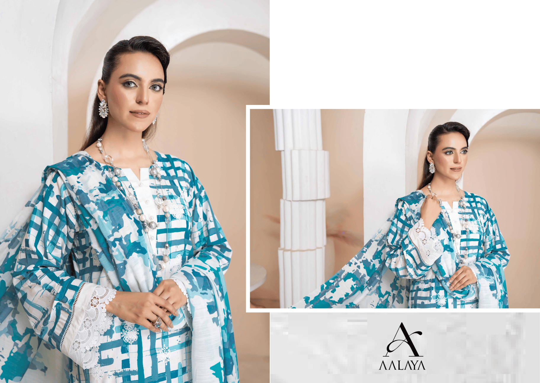Turquoise Abstract Plaid 3-Piece Suit | Applique Embroidered Staple Slub