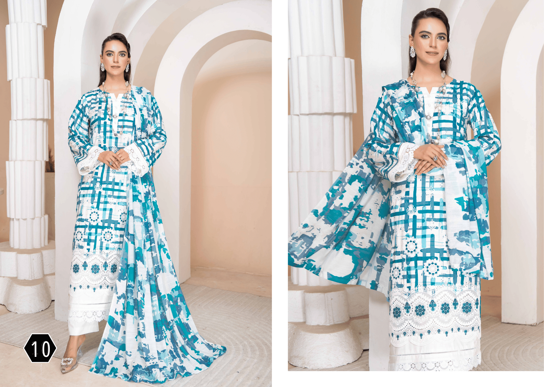 Turquoise Abstract Plaid 3-Piece Suit | Applique Embroidered Staple Slub
