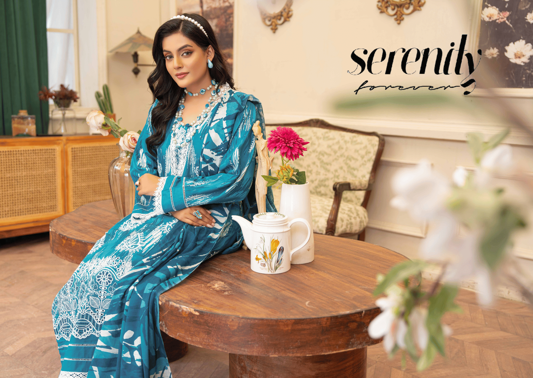 Teal Blue Exclusive Applique Embroidered 3-Piece Suit | Premium Staple Slub