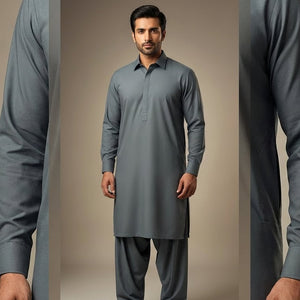 Man wearing a gray traditional outfit with close-up views on a beige background