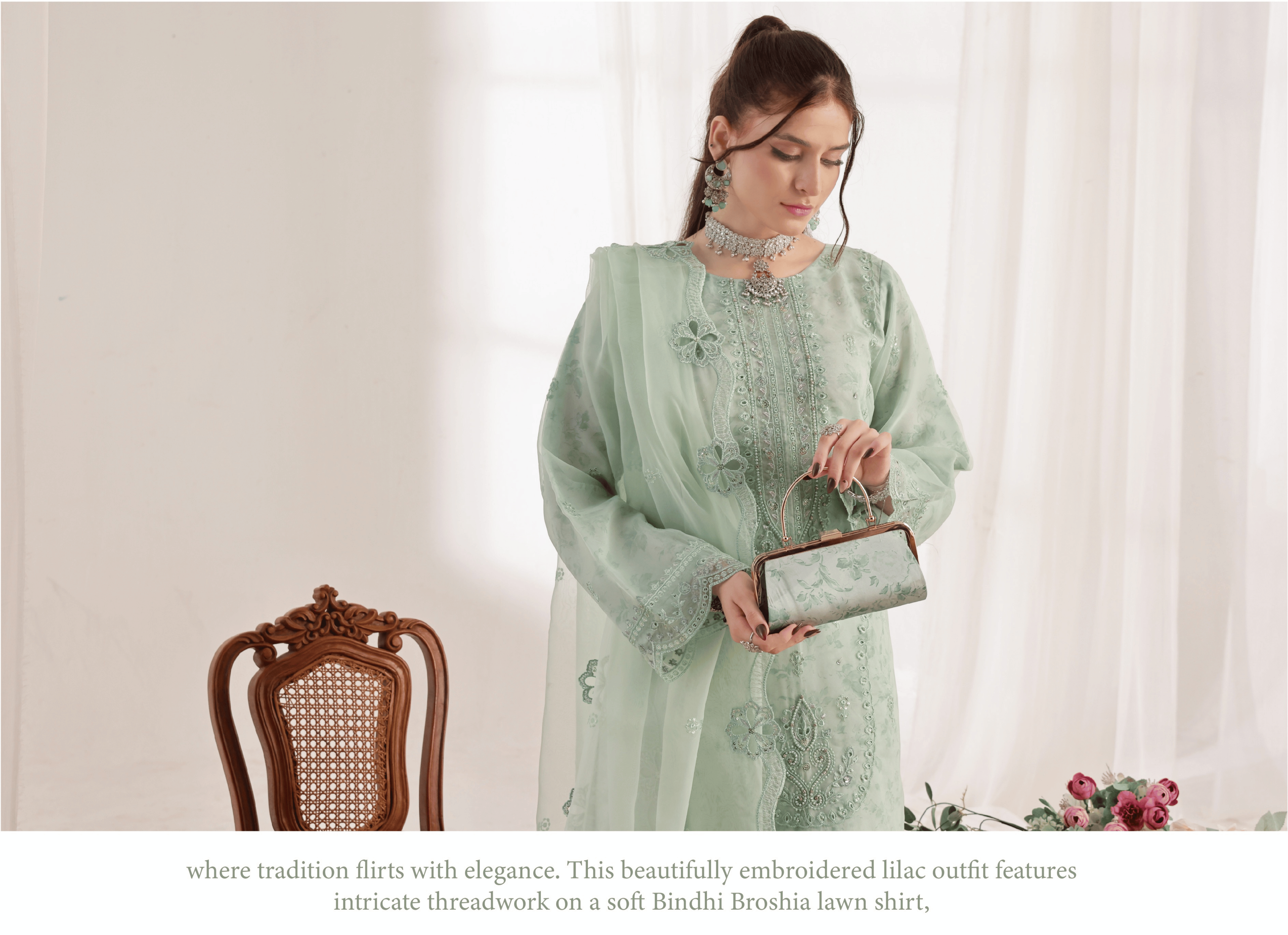 Exquisite Embroidered Mint Organza 3-Piece Suit with Matching Clutch