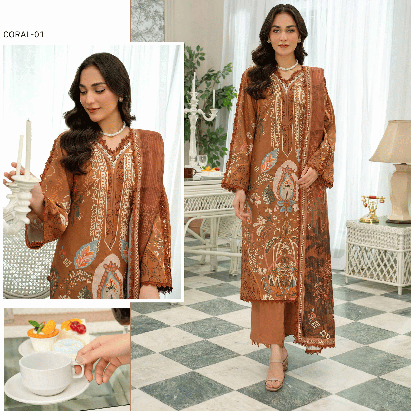 Woman wearing a brown embroidered outfit in a stylish room setting.