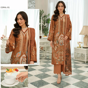 Woman wearing a brown embroidered outfit in a stylish room setting.