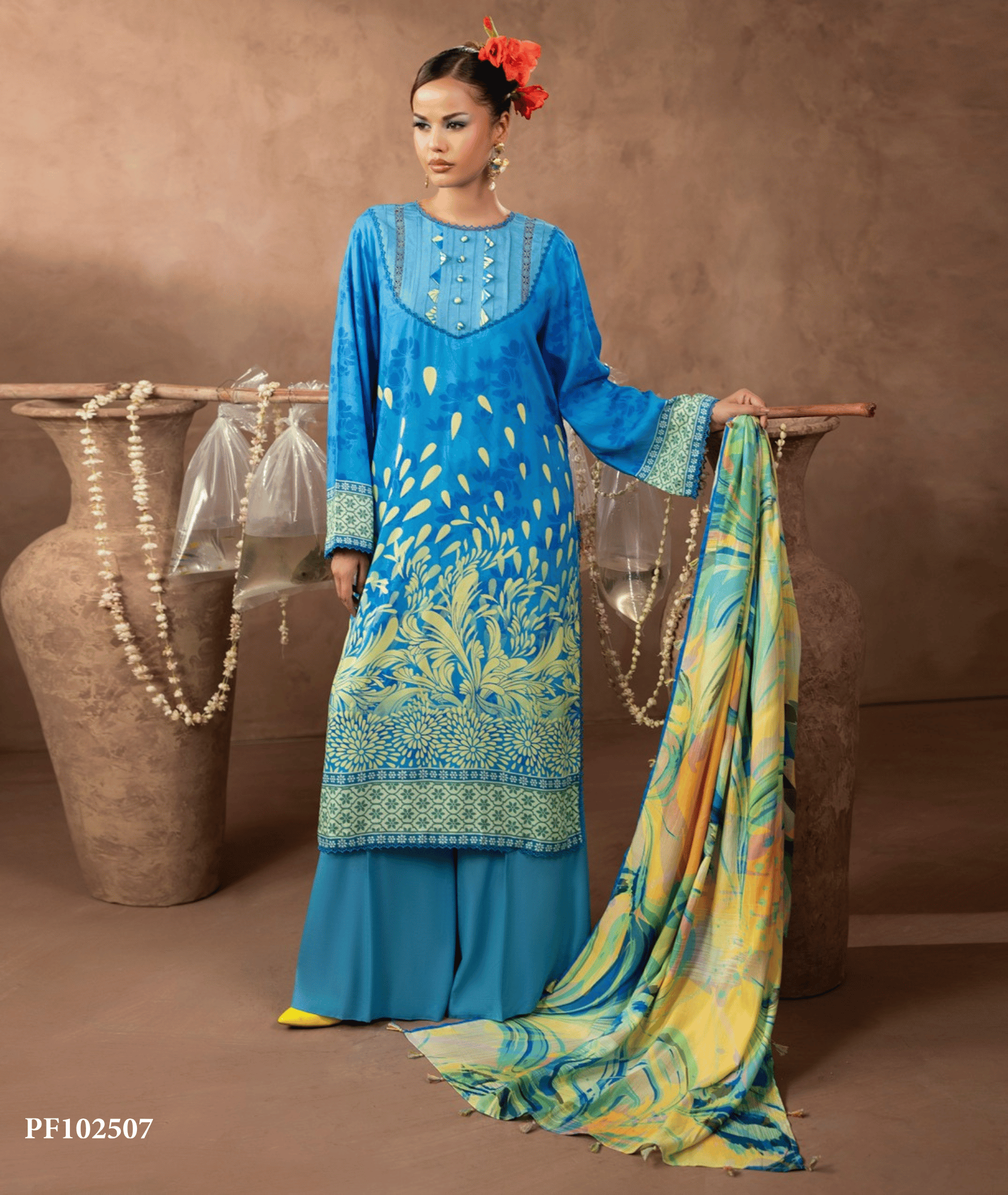 Premium Twill Marina 3-Piece Printed Suit — Teal Floral