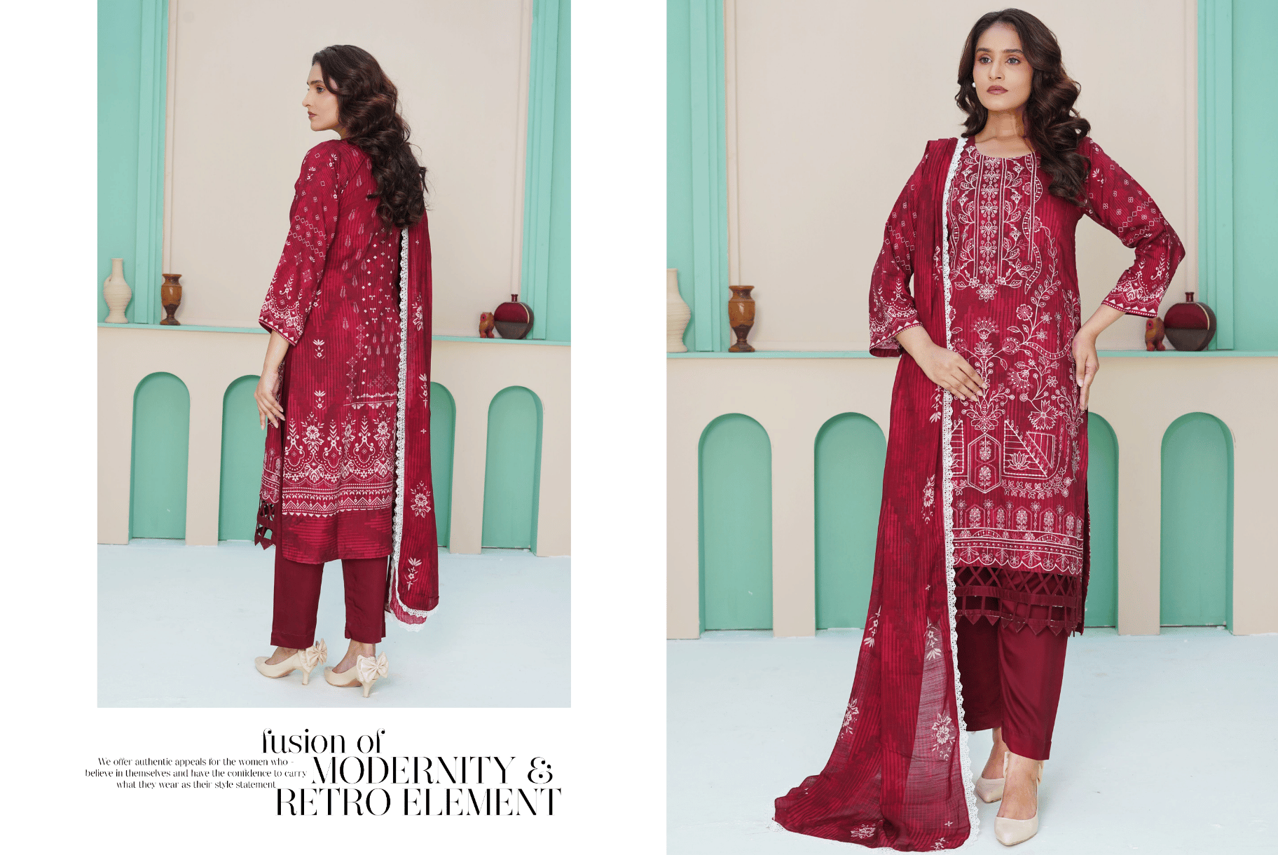 Woman wearing a red embroidered outfit with a white background