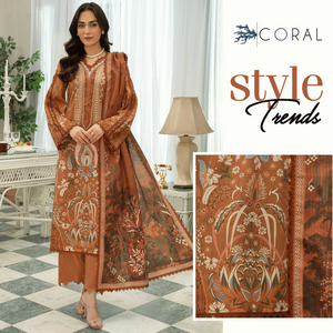 Woman modeling a brown embroidered outfit with 'Coral Style Trends' branding.
