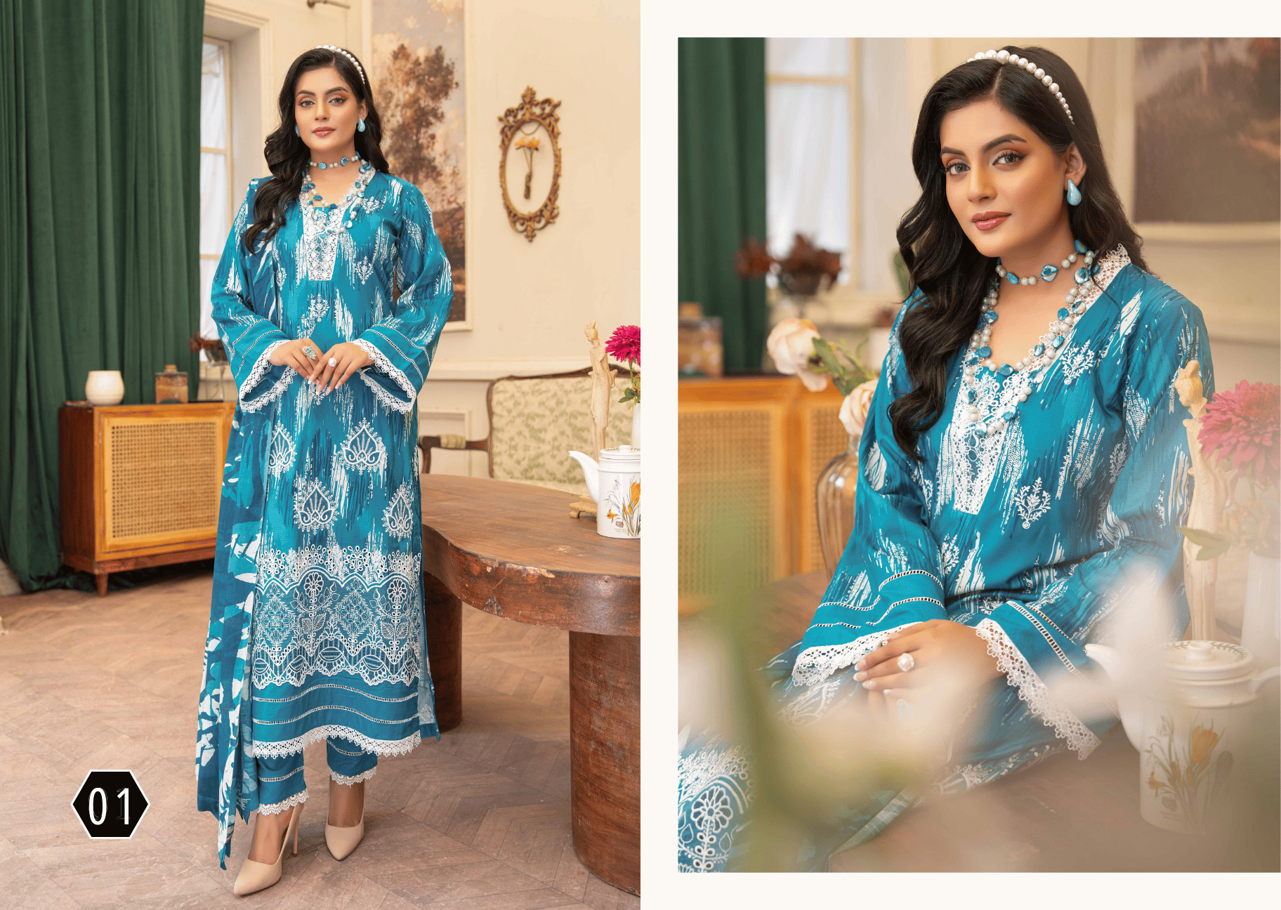 Teal Blue Exclusive Applique Embroidered 3-Piece Suit | Premium Staple Slub