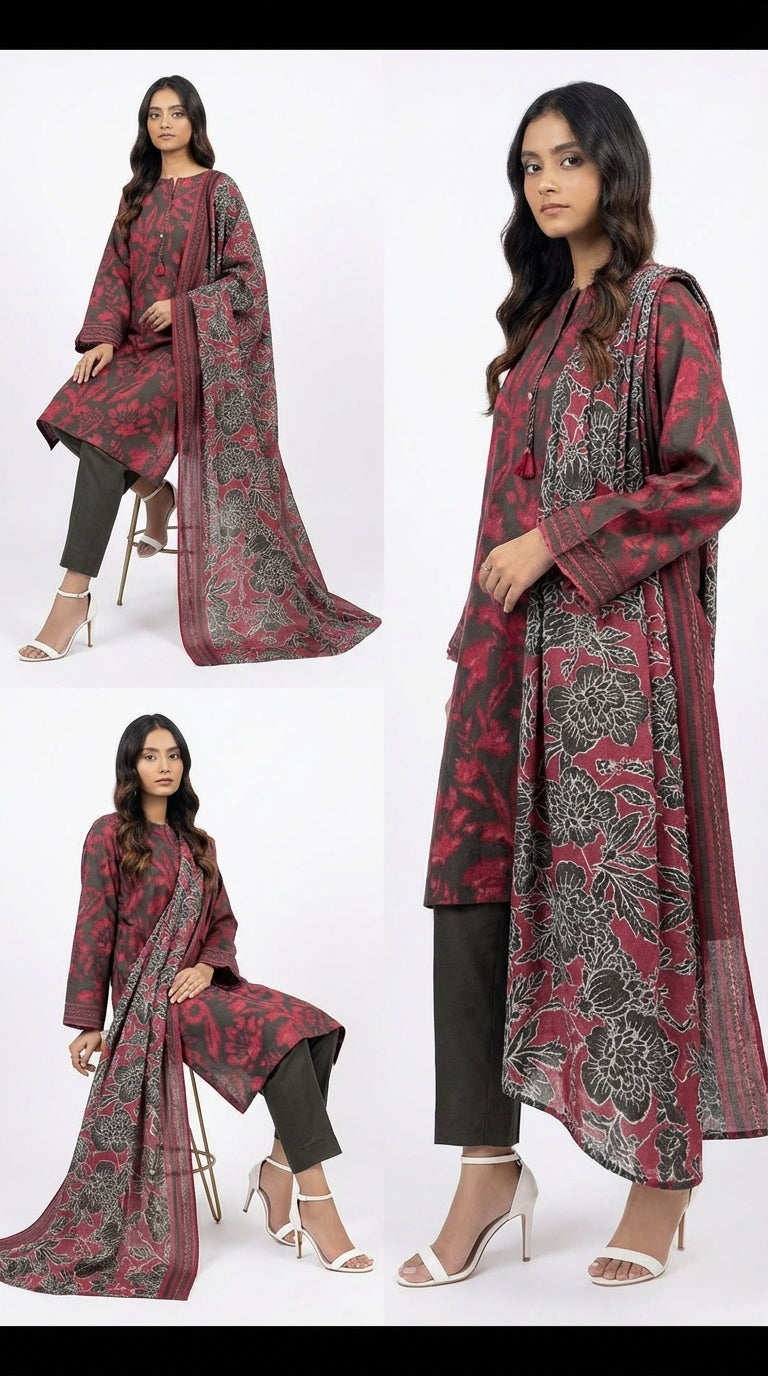 Woman wearing a red and black patterned outfit with a matching dupatta on a white background