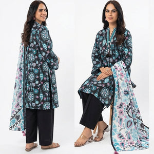 Woman wearing a floral outfit with a matching shawl in four different poses on a white background