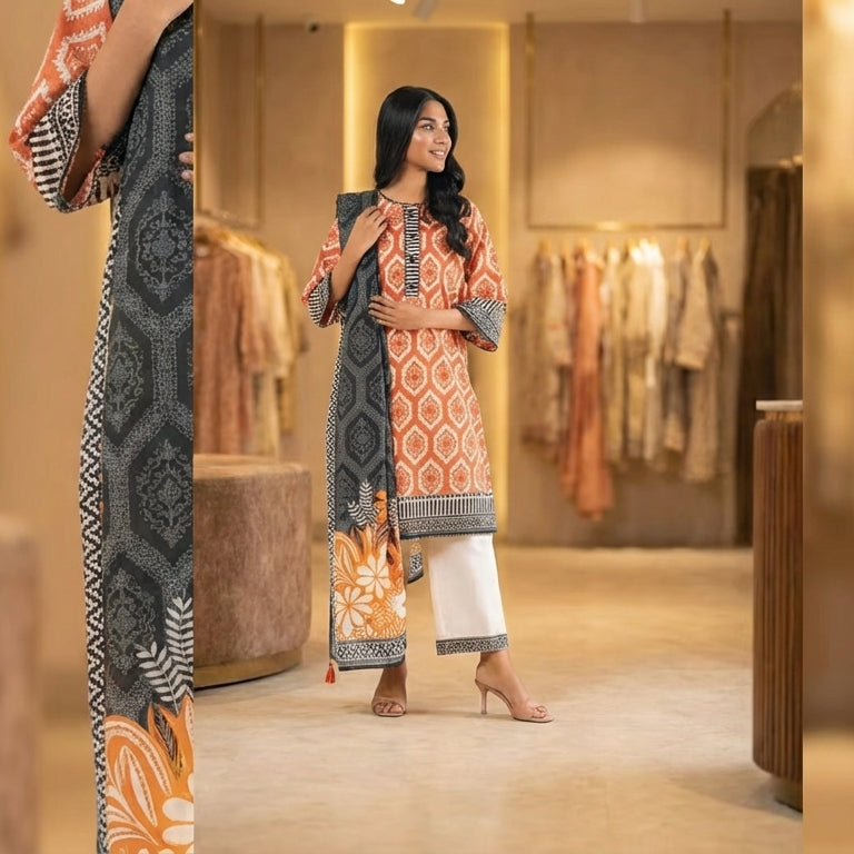 Woman trying on a traditional outfit in a store