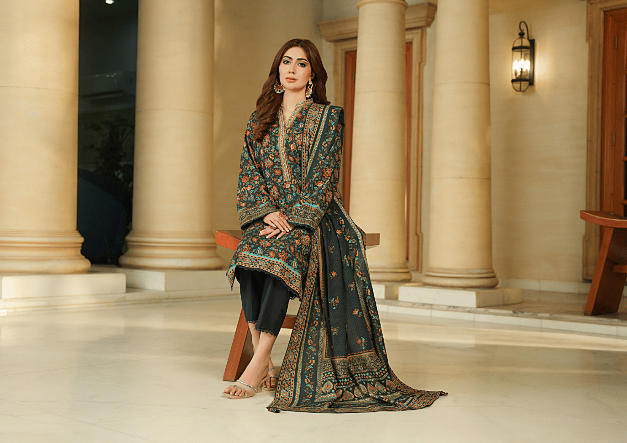 Elegant Winter Floral 3-Piece Printed Khaddar Suit – Digital Printed Khaddar Shirt & Dupatta with Dyed Trouser