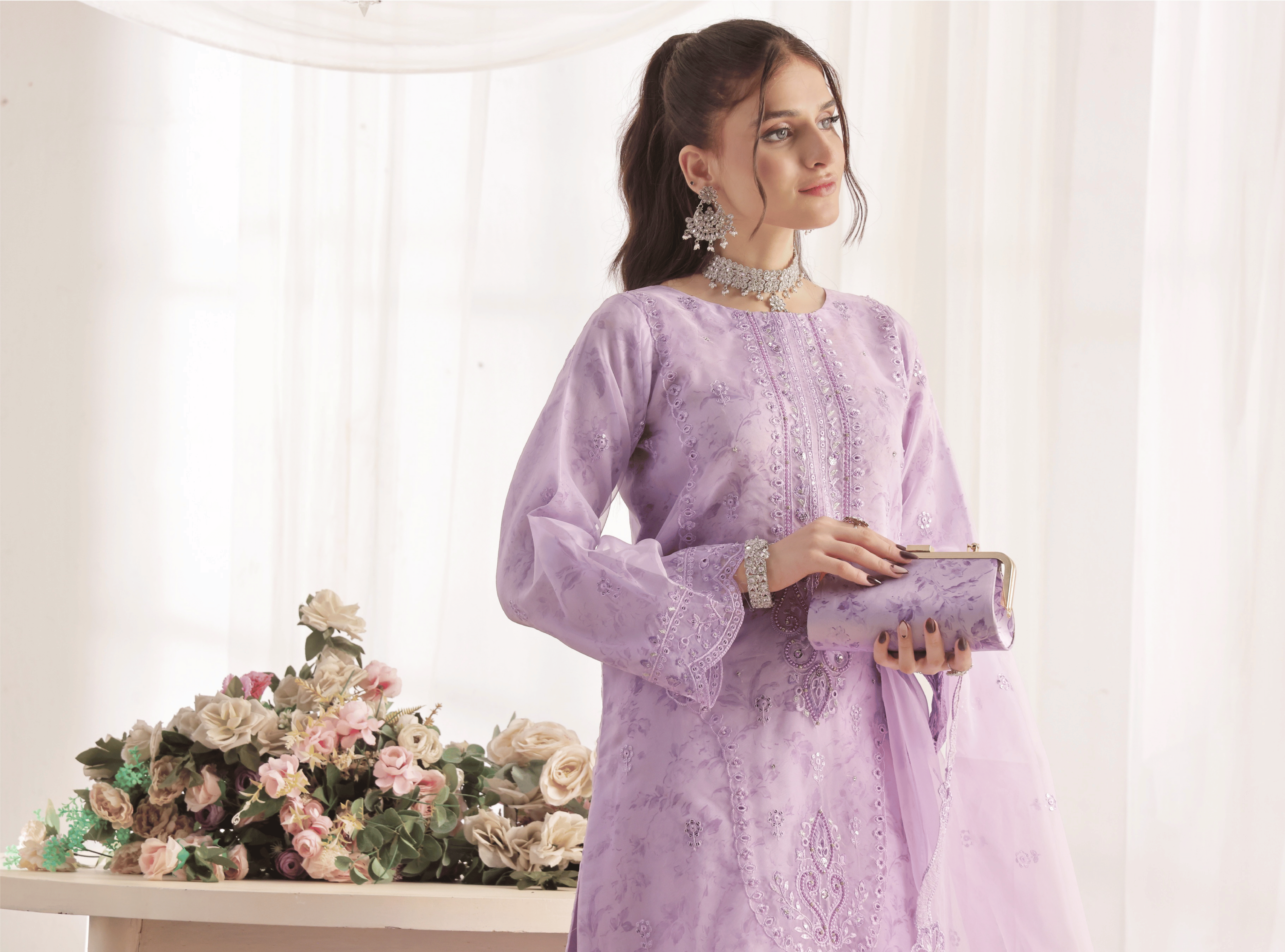 Elegant Embroidered Lilac Organza 3-Piece Suit with Matching Clutch