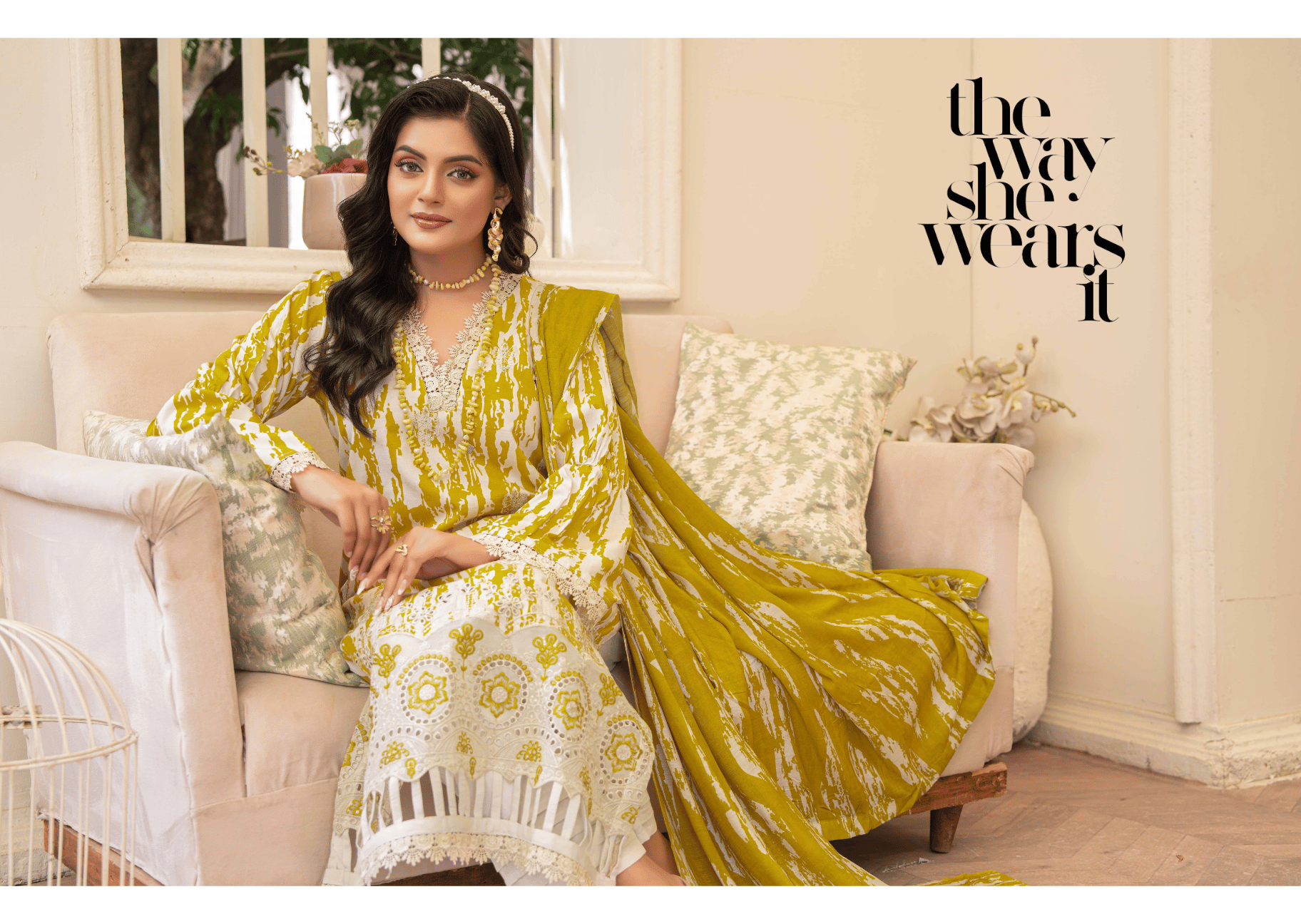 Lime Green Exclusive Applique Embroidered 3-Piece Suit | Digital Print Staple Slub