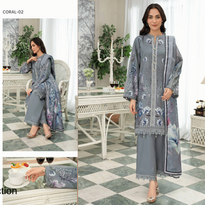 Woman in a gray outfit with floral patterns in a home setting