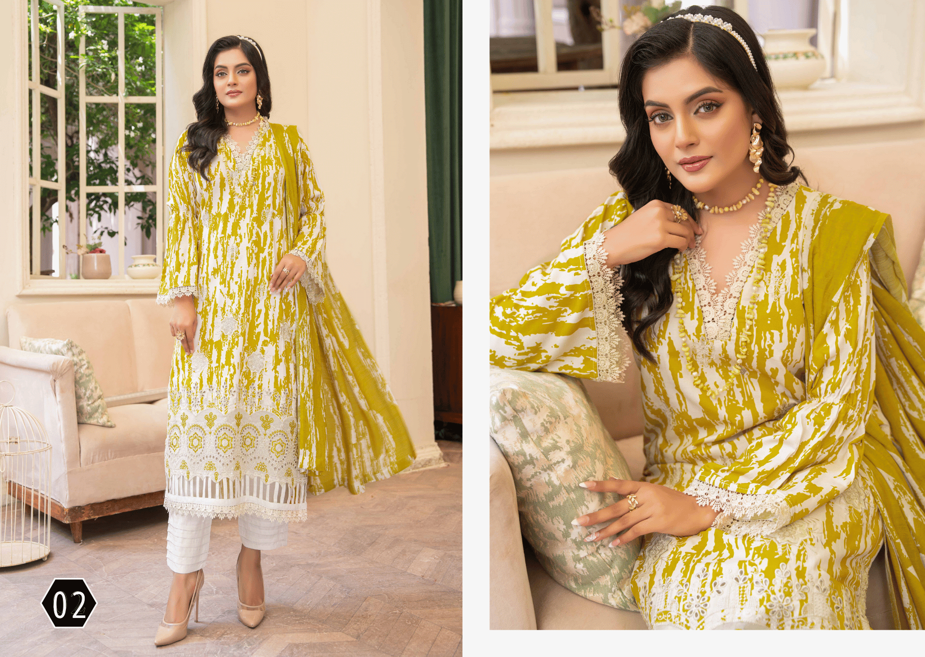 Lime Green Exclusive Applique Embroidered 3-Piece Suit | Digital Print Staple Slub