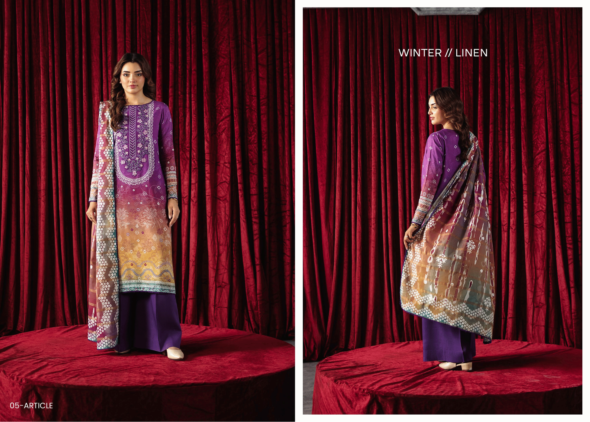 The Amethyst Ombre: Premium Linen Suit with Embroidered Neckline & Chunri Style Shawl | Unstitched