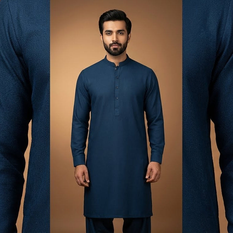 Man wearing a blue kurta with long sleeves on a brown background