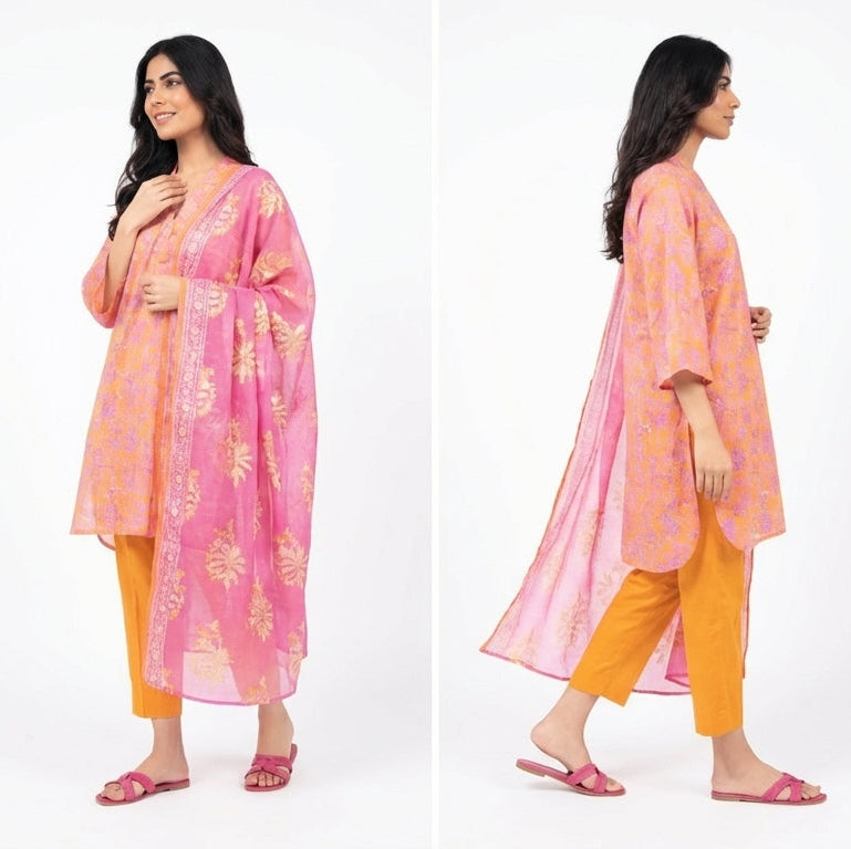 Woman wearing a pink floral kurta with orange pants on a white background