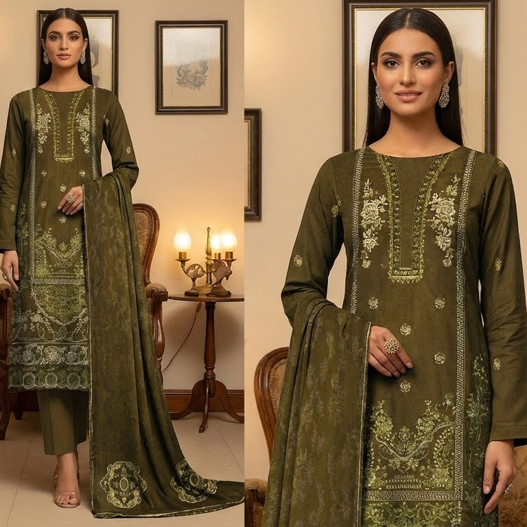 Two women in green embroidered traditional outfits standing in a decorated room.