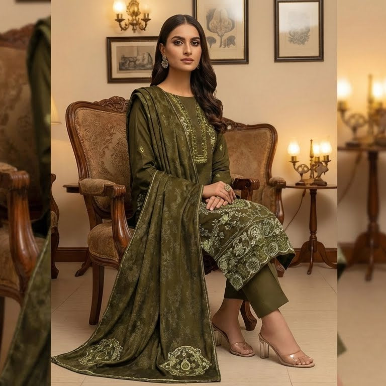Woman in a green traditional outfit sitting in an elegant room with wooden furniture.
