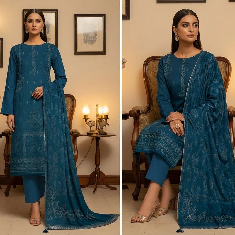 Woman in a blue traditional outfit standing in a decorated room with candles and furniture.