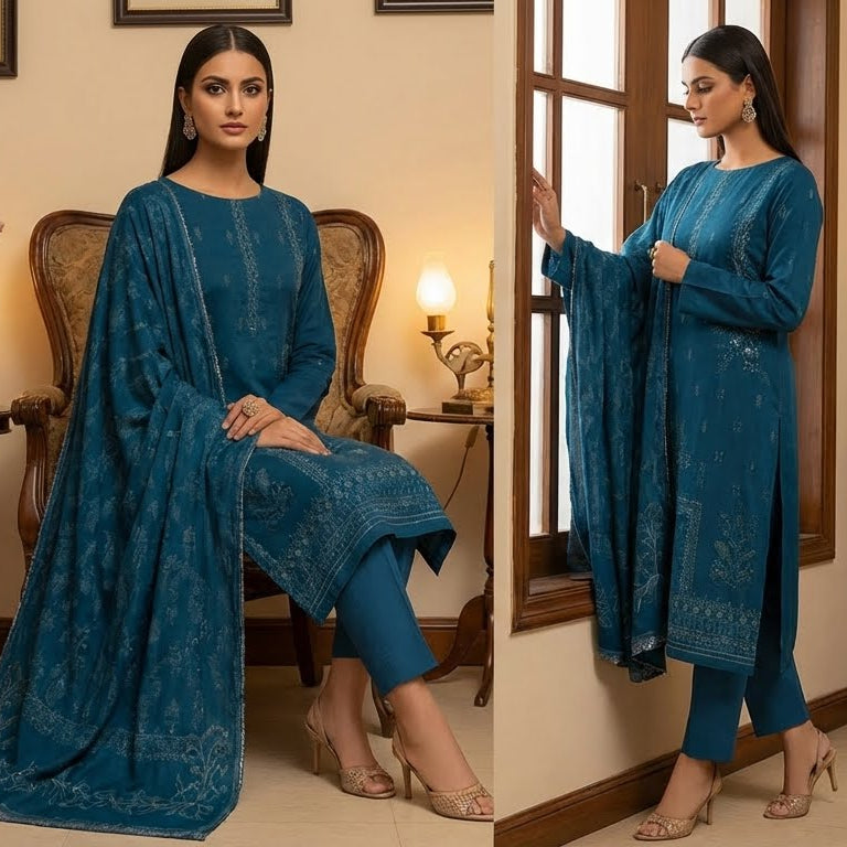 Woman in a blue traditional outfit with intricate patterns, sitting and standing in a decorated room.