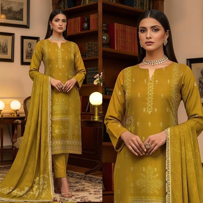 Woman in a yellow traditional outfit standing in a room with wooden furniture and framed pictures.