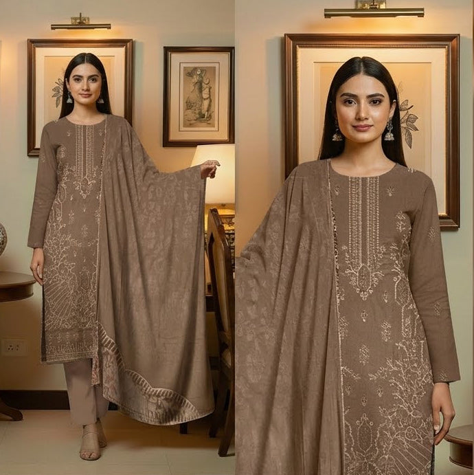 Woman wearing a brown embroidered outfit in a room with framed pictures on the wall.