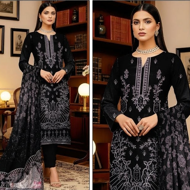 Woman in a black embroidered outfit with 'Nazakat' branding in a room setting.