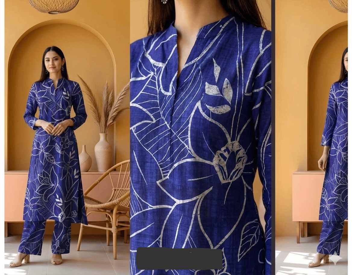 Royal Blue Line-Art Floral Printed Khaddar 2-Piece Suit - Unstitched