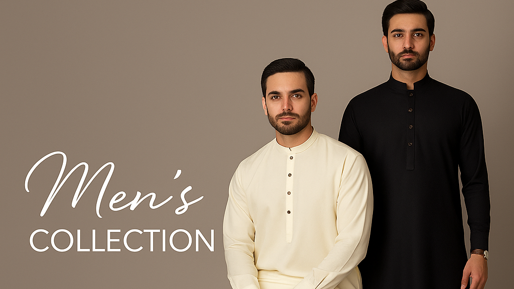 Two men wearing men's clothing with 'Men's Collection' text on a brown background