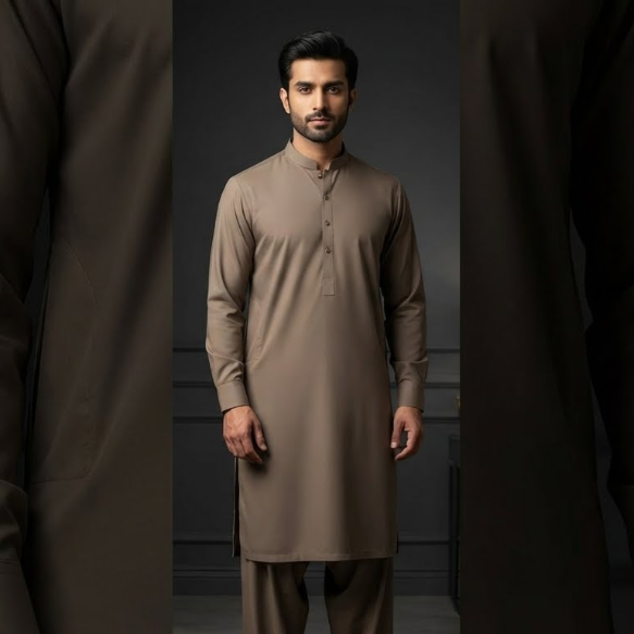 Man wearing a beige kurta standing between two dark cloaks on a dark background