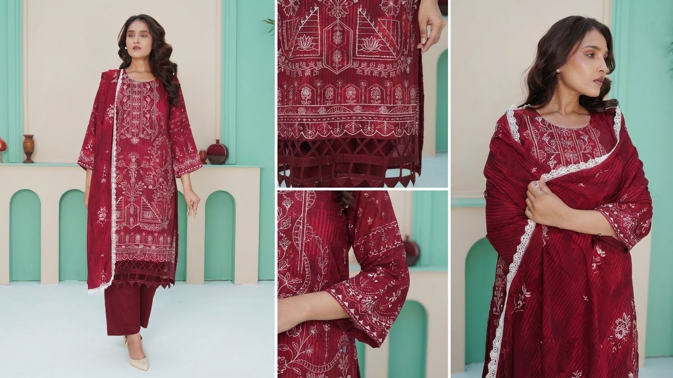Maroon Embroidered Doria Viscose 3-Piece Suit | Digital Print with Diamond Slub Dupatta
