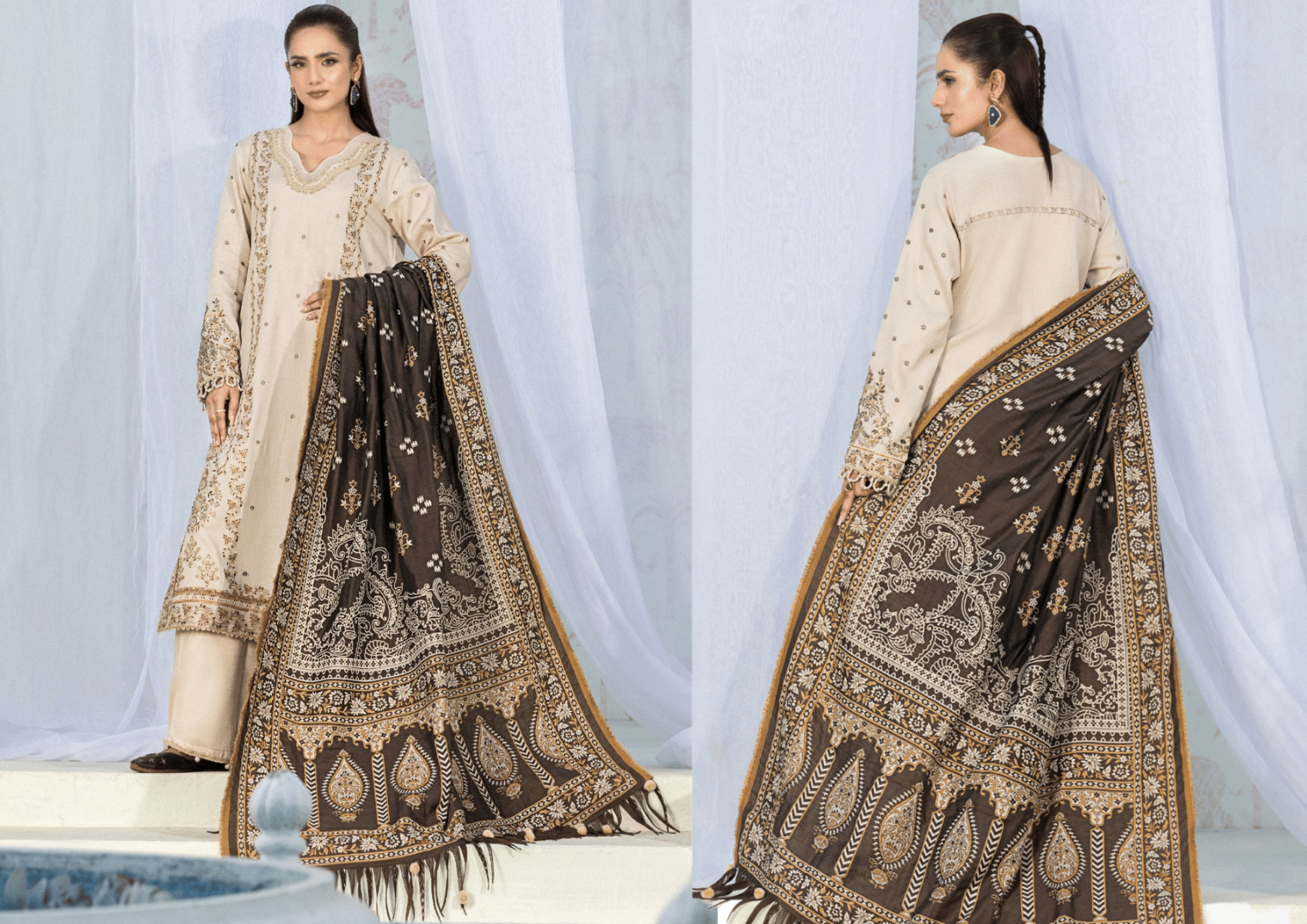 Elegant Cream Warm Slub 3-Piece Suit with Coffee Brown Jacquard Shawl