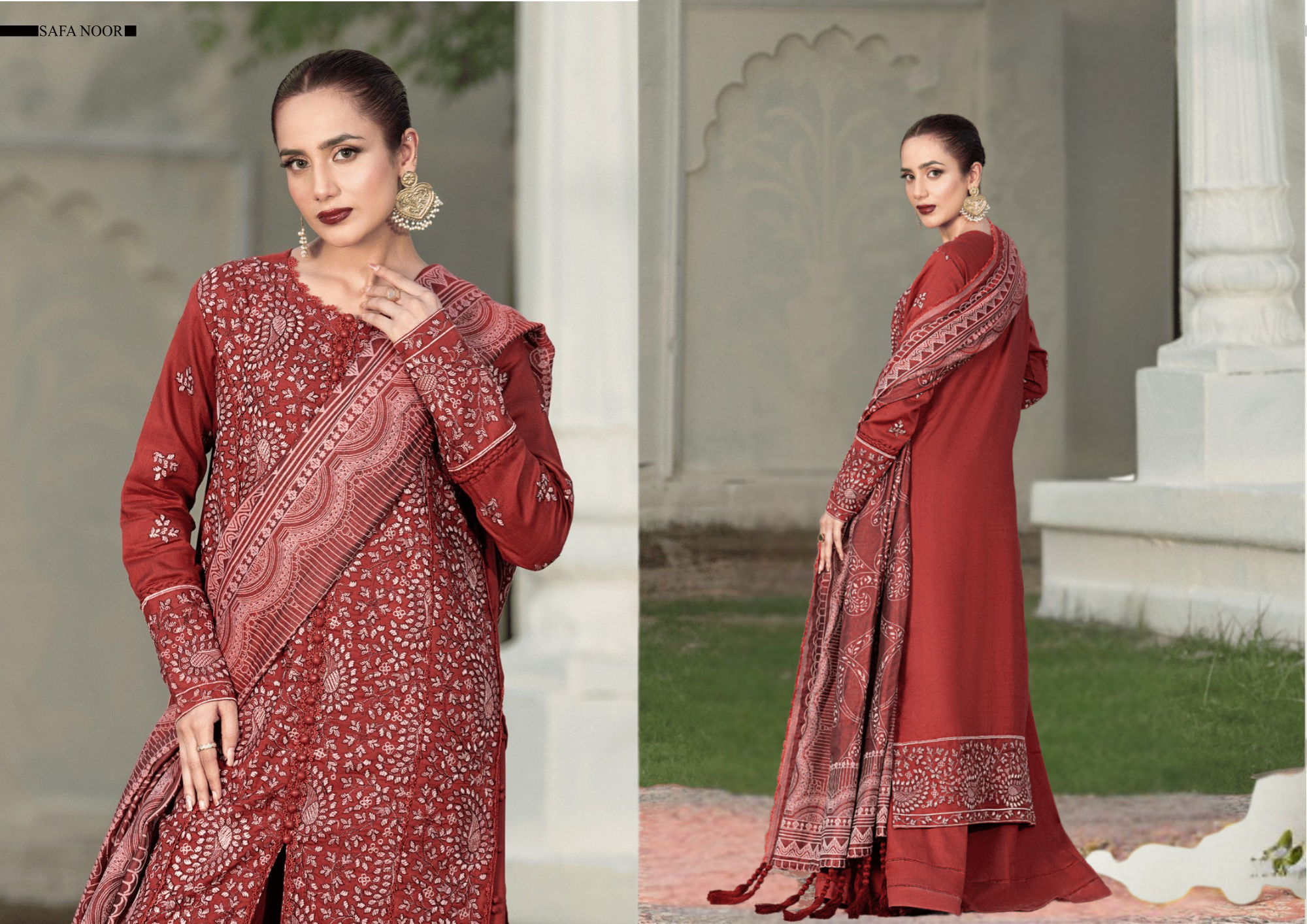 Crimson Embroidered 3-Piece Winter Suit – Warm Slub Textured Shirt & Trouser with Premium Jacquard Shawl