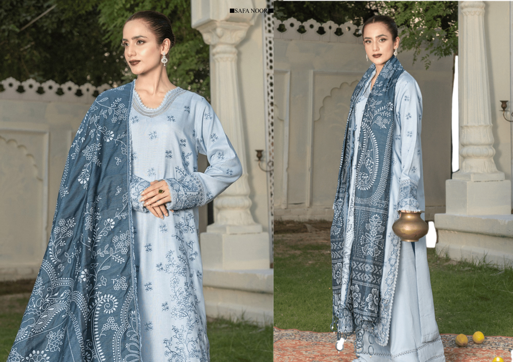 Frost Blue Embroidered Warm Slub 3-Piece Suit with Premium Jacquard Shawl – Winter Festive Collection