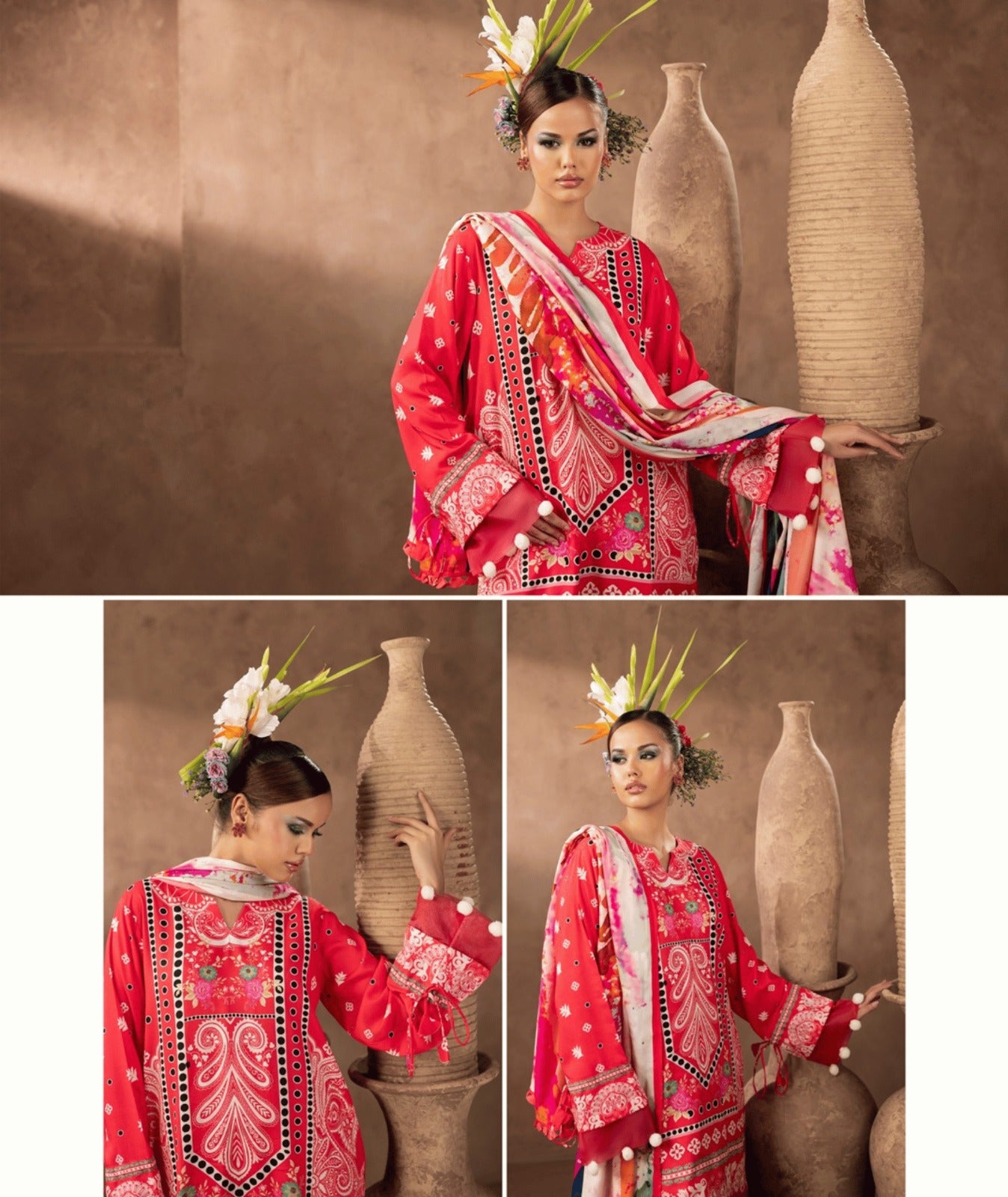 Premium Twill Marina 3-Piece Printed Suit — Ruby Red Floral & Paisley