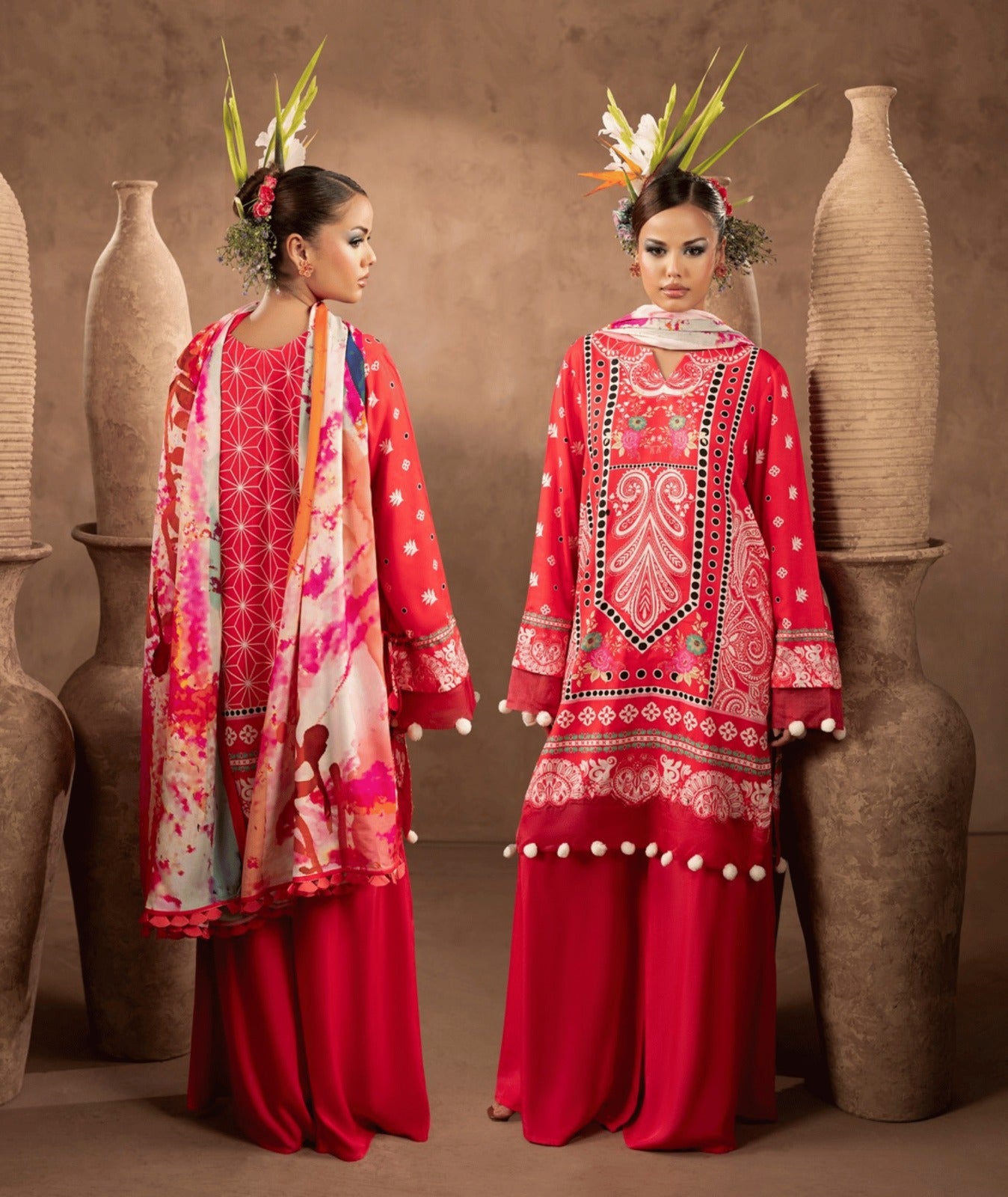 Premium Twill Marina 3-Piece Printed Suit — Ruby Red Floral & Paisley