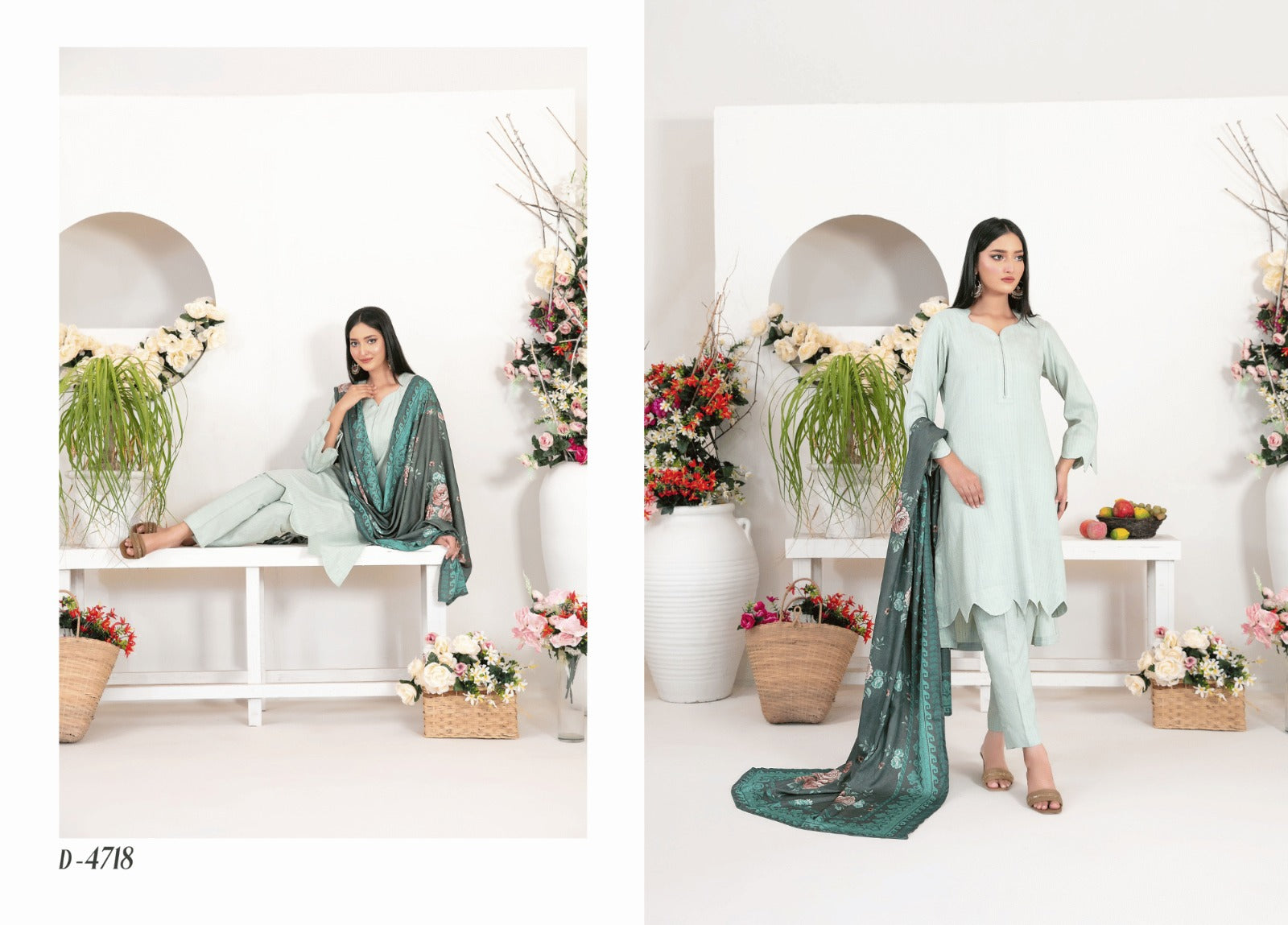 Premium Mint Green Fancy Leather Peach 3-Piece Suit with Emerald Digital Shawl