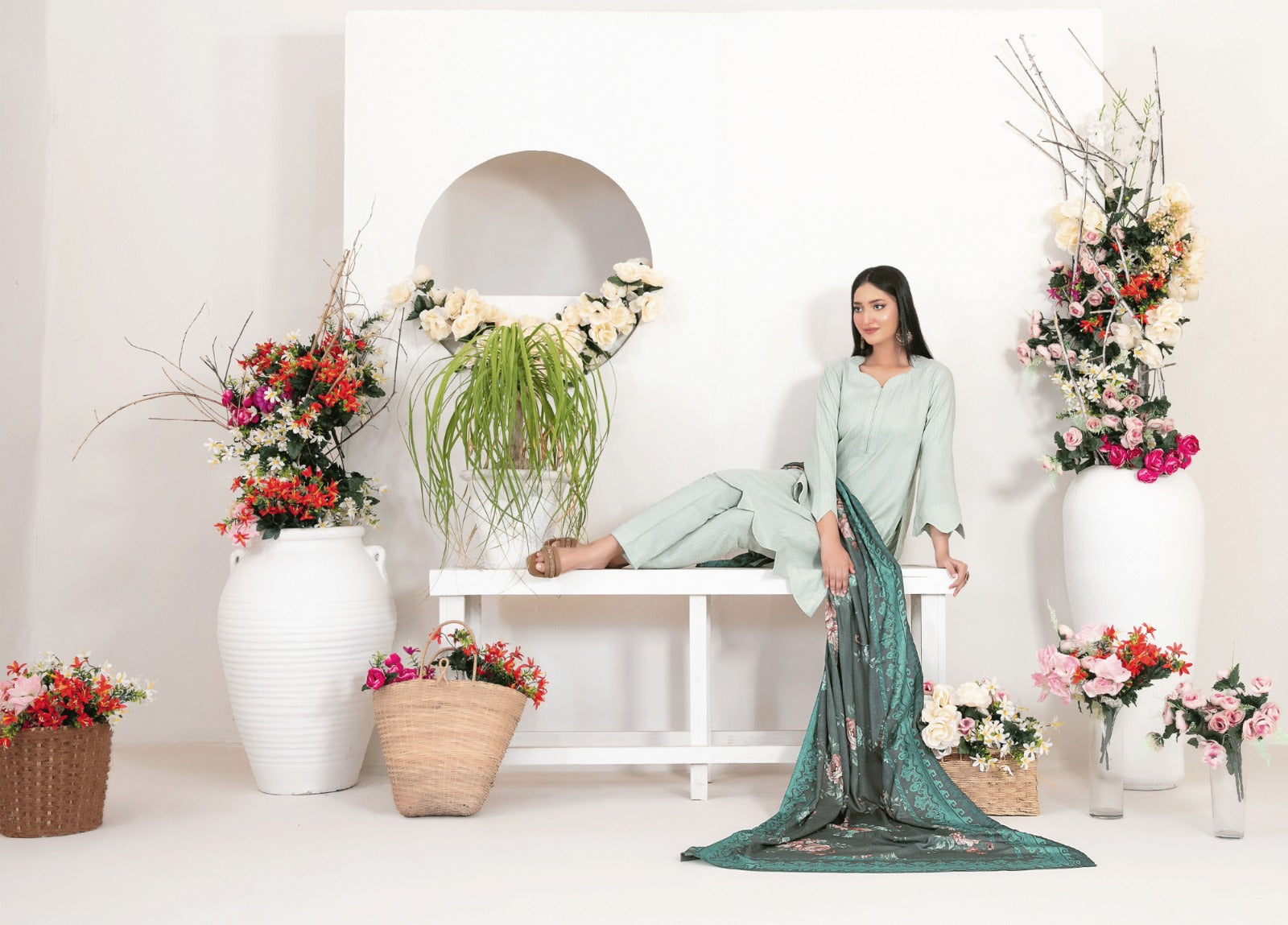 Premium Mint Green Fancy Leather Peach 3-Piece Suit with Emerald Digital Shawl