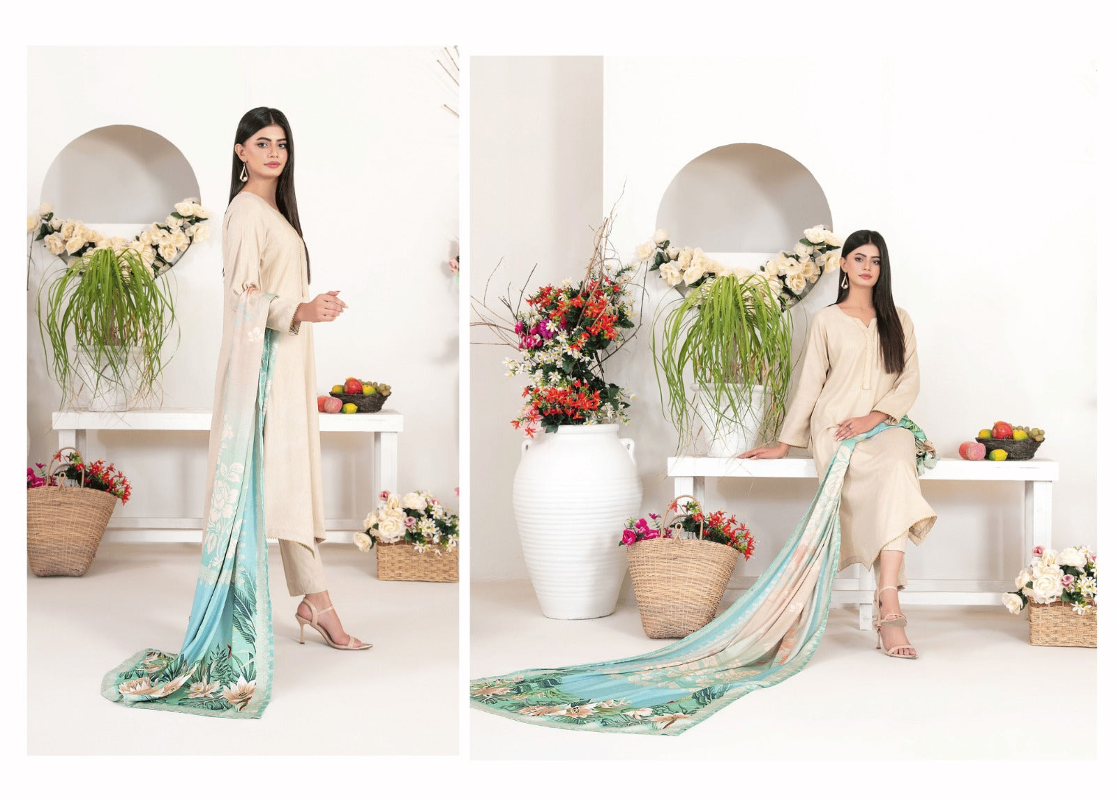 Premium Beige Fancy Leather Peach 3-Piece Suit with Aqua Digital Printed Shawl