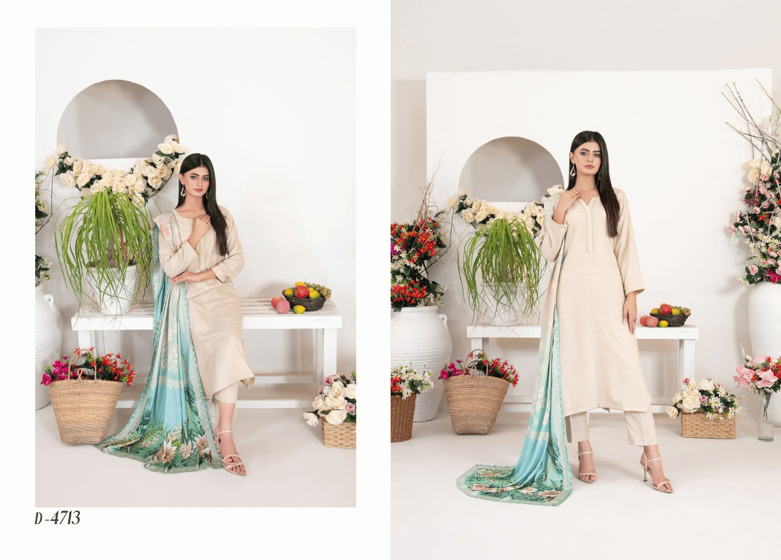 Premium Beige Fancy Leather Peach 3-Piece Suit with Aqua Digital Printed Shawl