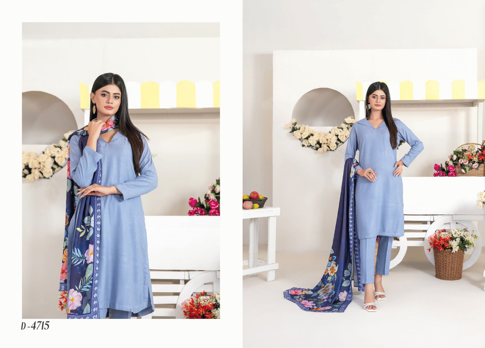 Premium Fancy Leather Peach 3-Piece Suit with Navy Floral Digital Shawl