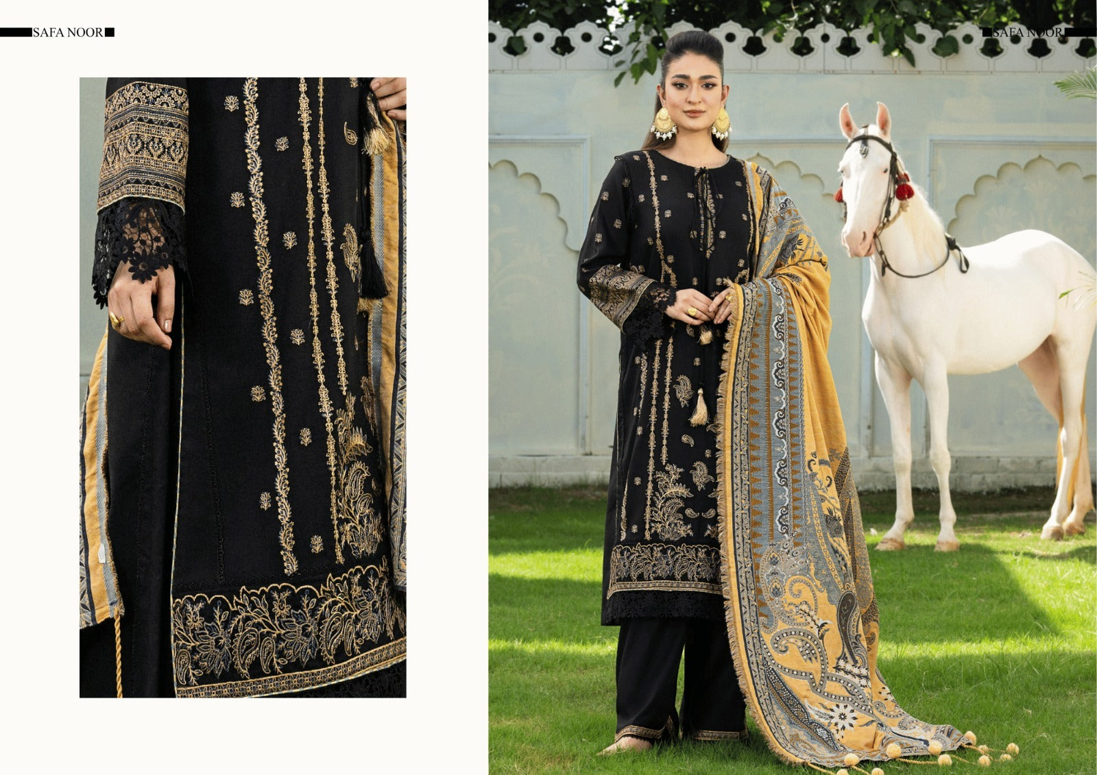Black & Mustard Embroidered Warm Slub Suit with Premium Jacquard Dupatta