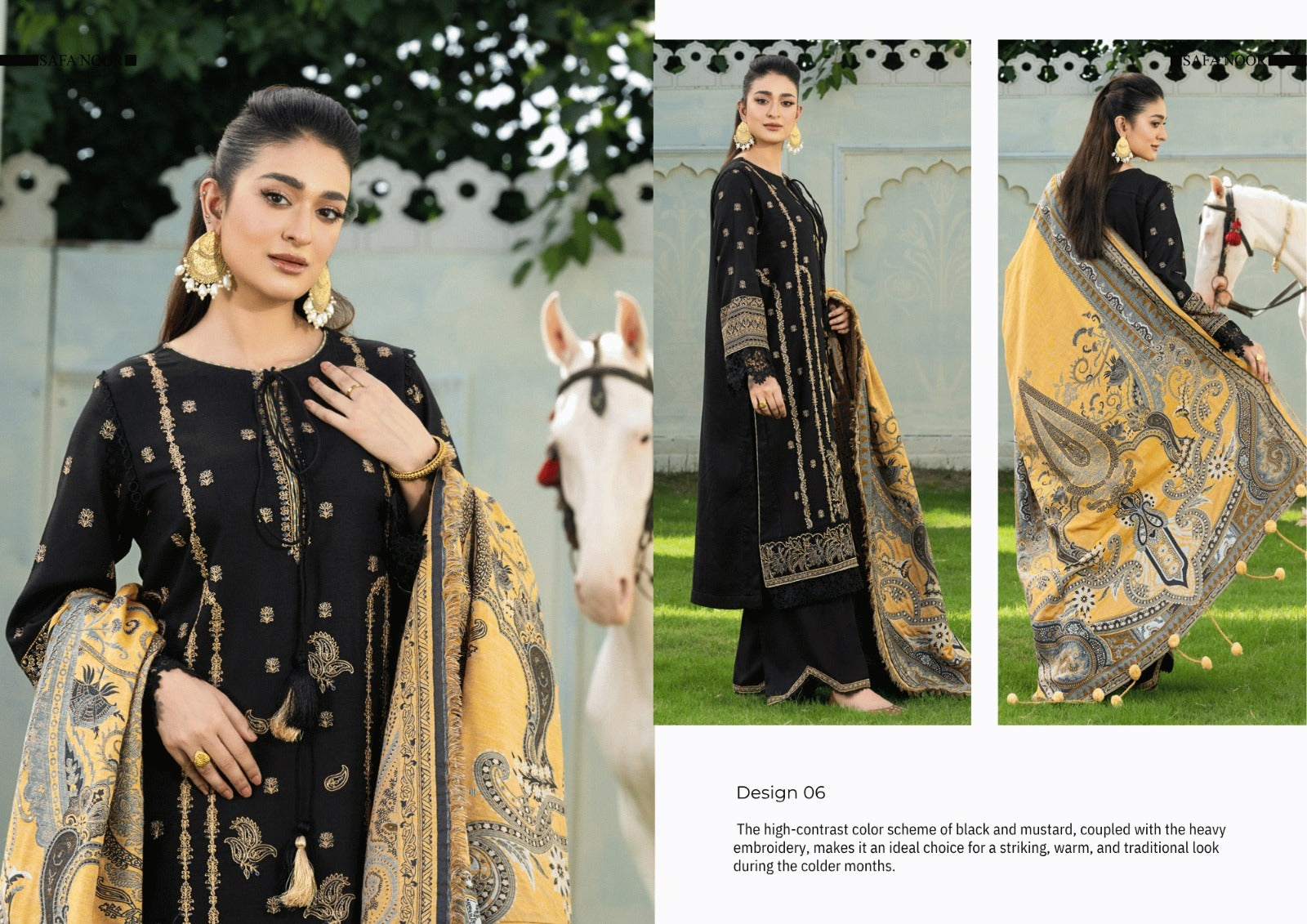 Black & Mustard Embroidered Warm Slub Suit with Premium Jacquard Dupatta