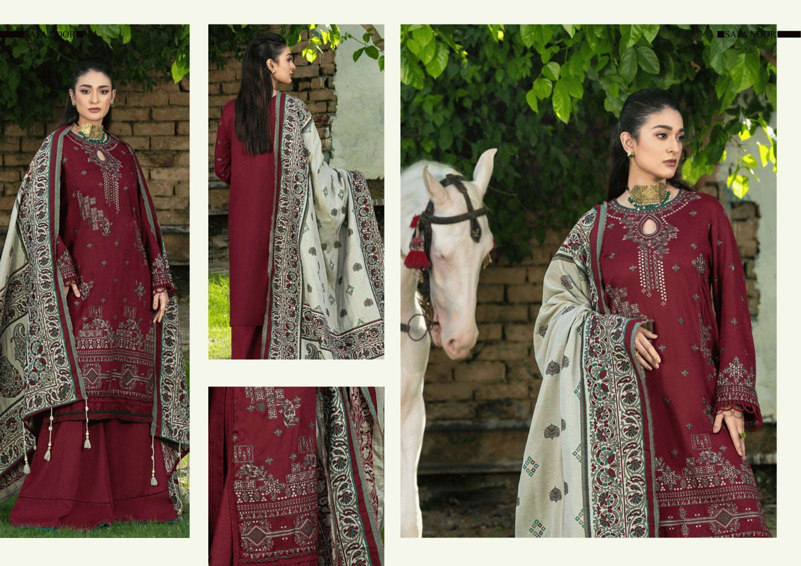 Deep Maroon Warm Slub 3-Piece Suit with Beige Premium Jacquard Shawl