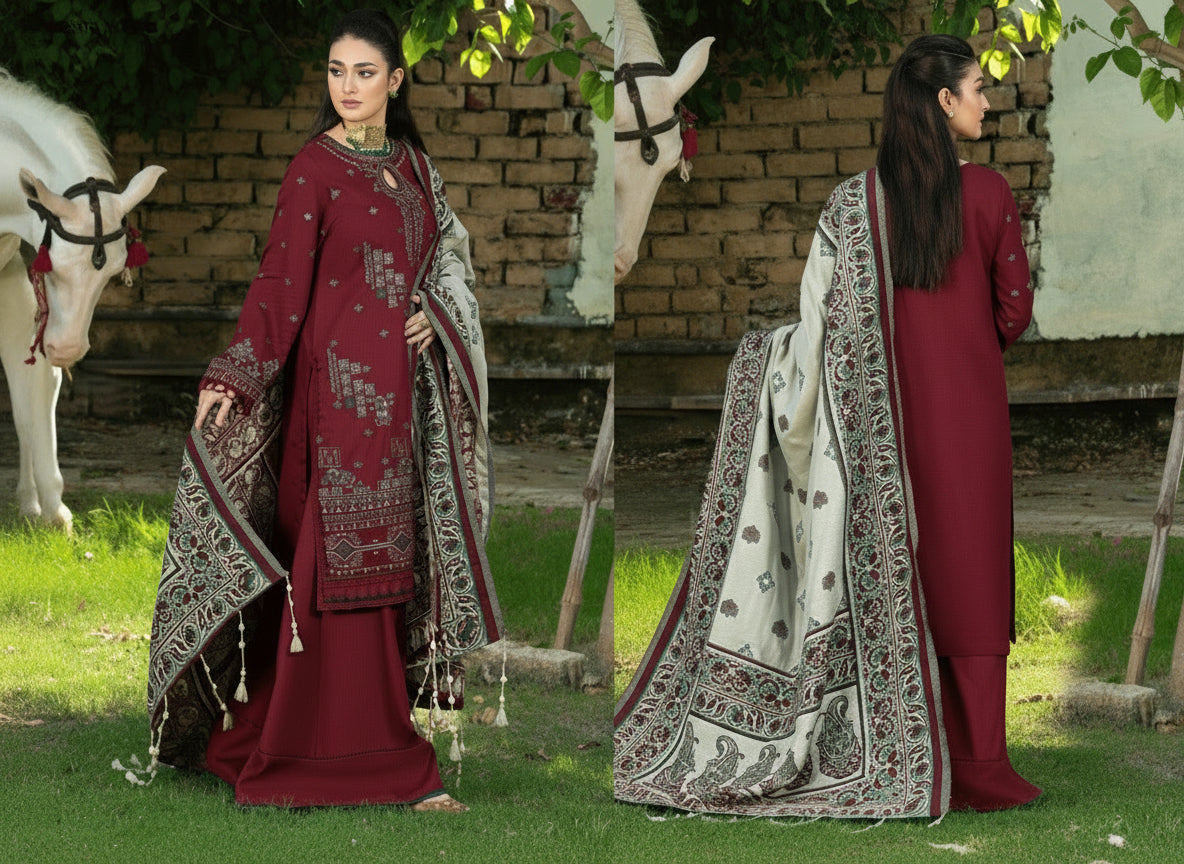 Deep Maroon Warm Slub 3-Piece Suit with Beige Premium Jacquard Shawl